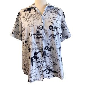 Alia Women London Postcard Print Cotton Eyelet Button Down 16W